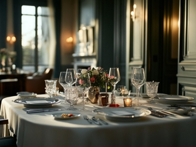 Une table de restaurant bien disposée ses verres et couverts