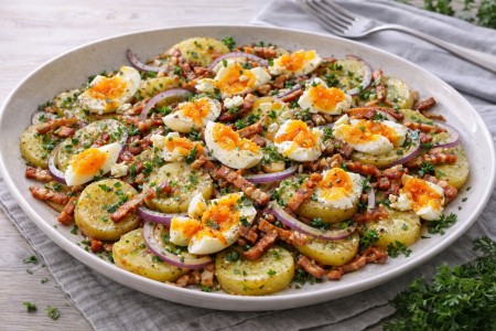 Salade de pommes de terre lardons oeuf mollet